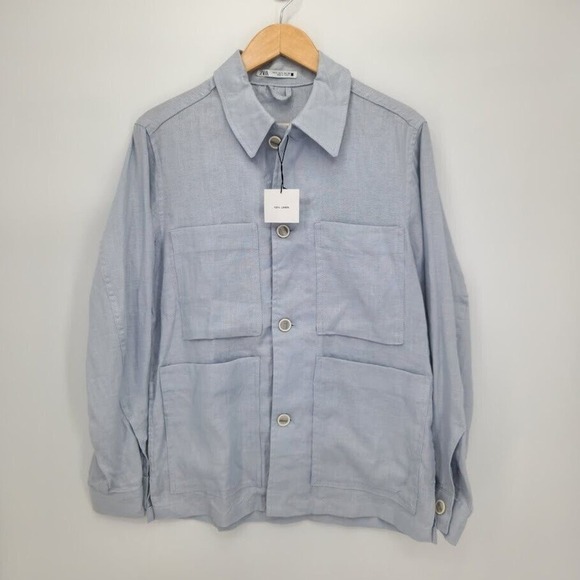 New Zara Womens 100% Linen Button Utility Shirt Jacket Light Blue Size Small - Picture 1 of 3